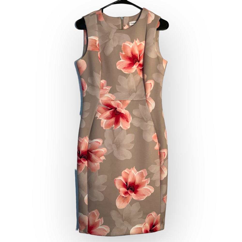 Calvin‎ Klein Floral Sheath Dress Beige & Pink Sleeveless Wedding Womens Size 6